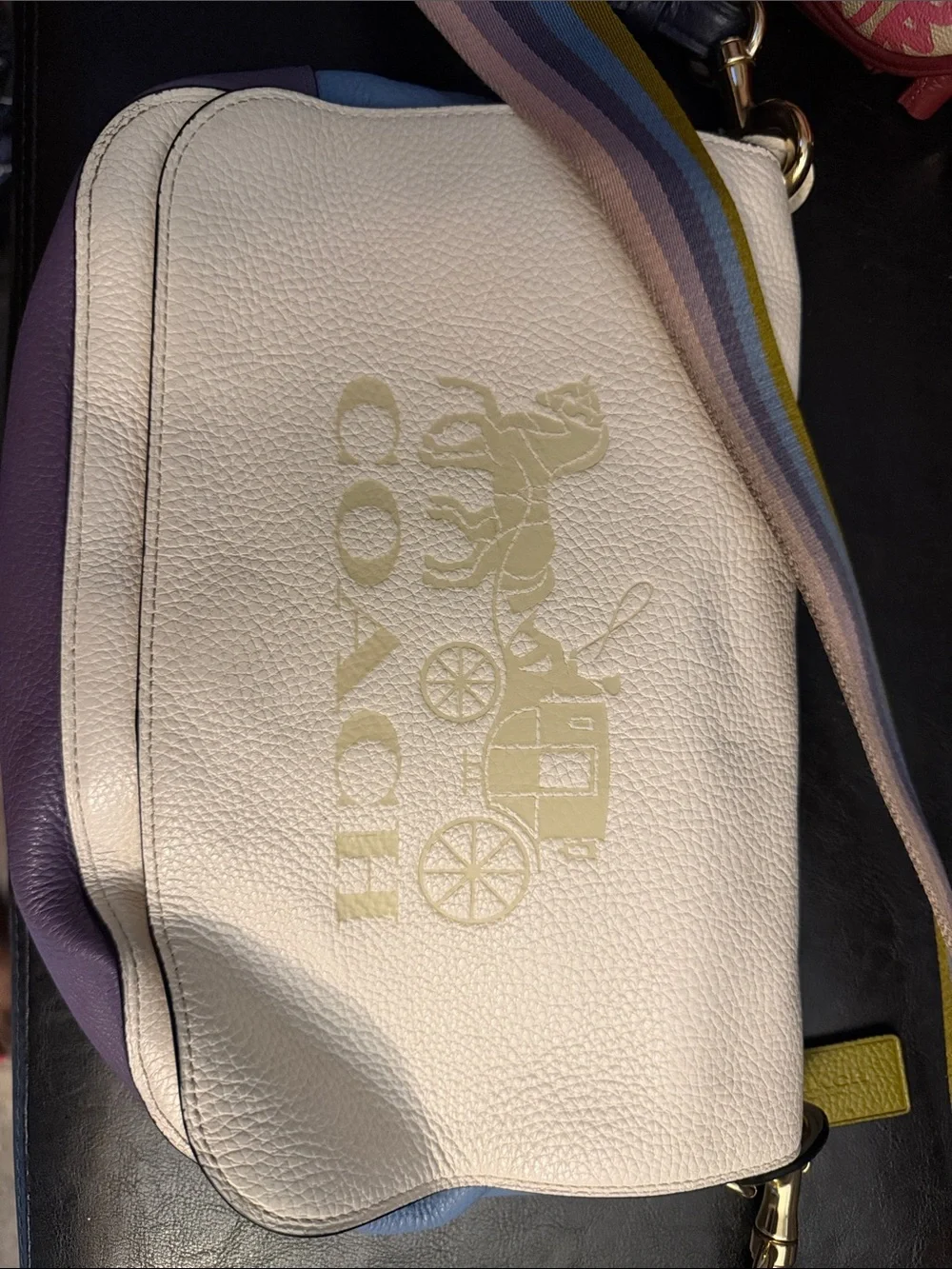 Coach Cream Pebbled Leather Crossbody with Rainbow Stripe Strap - Picture 1 of 7